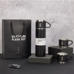 Black Steel Vacuum Flask Set with 3 Steel Cups Combo - For Corporate Gifting, Return Gift, Event Freebies and Promotions BG-76SC