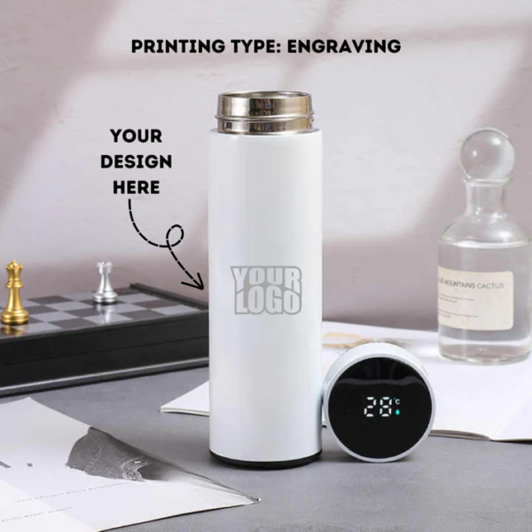Personalized White Temperature Water Bottle - Laser Engraved - For Return Gift, Corporate Gifting, Office or Personal Use BG-45