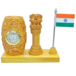 Wooden Pen Stand cum Clock with Ashoka Pillar and Indian Flag Table Top - For Corporate Gifting, Office, School, College Use, Independence Day, Republic Day Gift Item BG-JAWTTP01