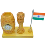 Wooden Pen Stand cum Clock with Ashoka Pillar and Indian Flag Table Top - For Corporate Gifting, Office, School, College Use, Independence Day, Republic Day Gift Item BG-JAWTTP01 - Image 2