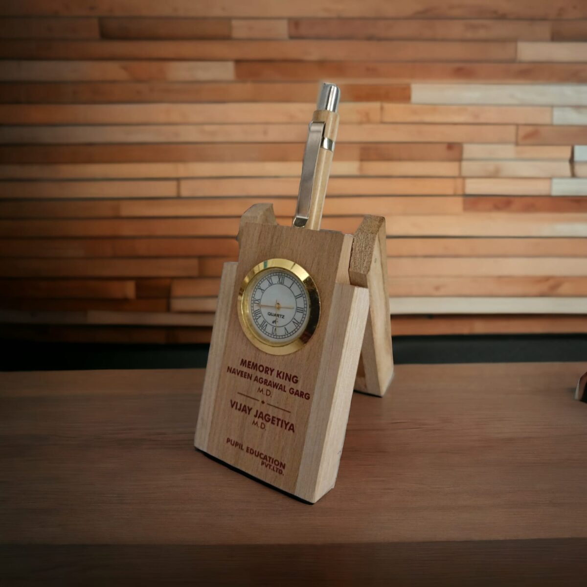 Wooden Table Clock with name and wooden pen for Corporate gifting, College, School, Institude and Personal use - BG-TDI-01 - Image 3