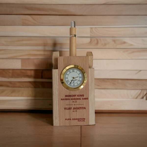 Wooden Table Clock with name and wooden pen for Corporate gifting, College, School, Institude and Personal use - BG-TDI-01