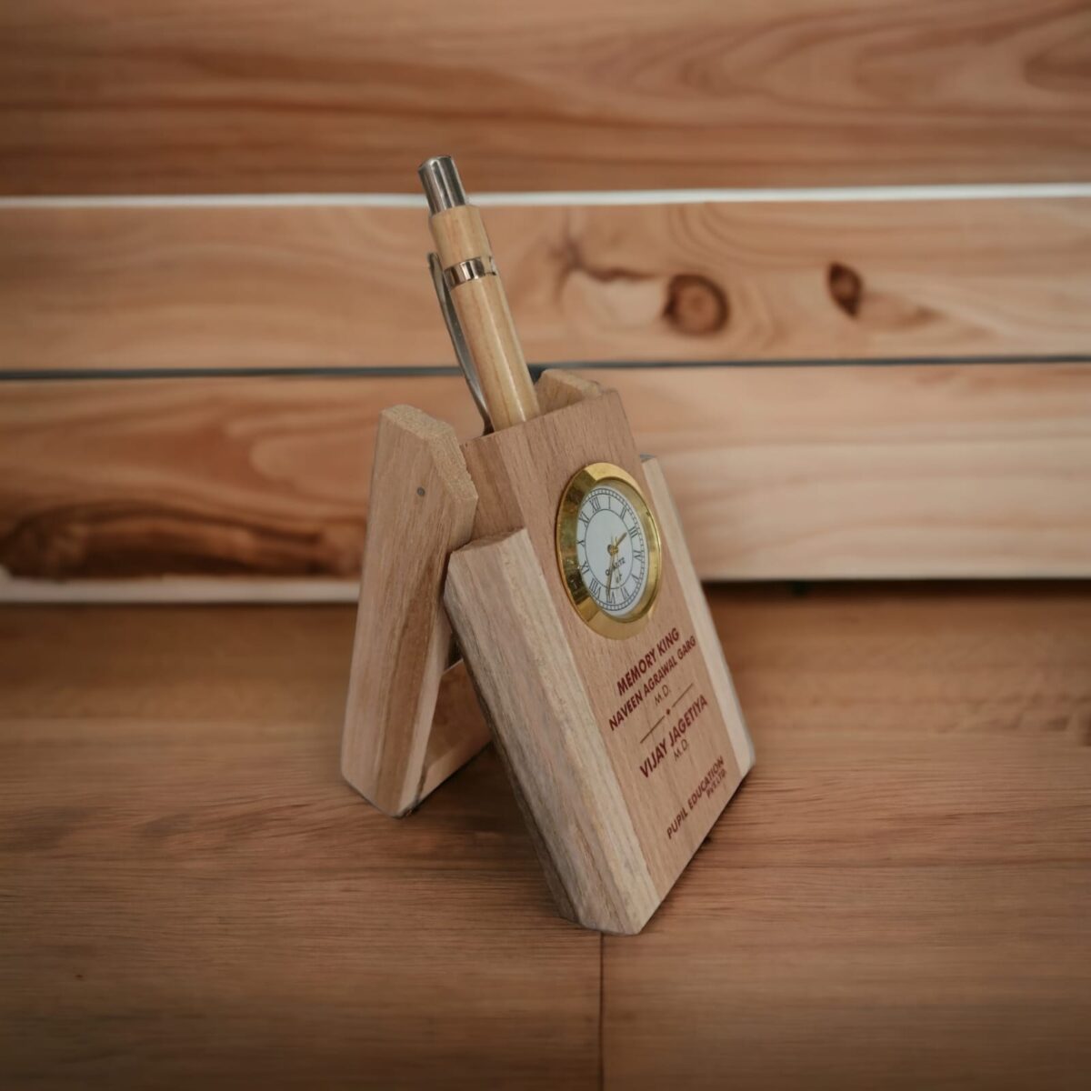 Wooden Table Clock with name and wooden pen for Corporate gifting, College, School, Institude and Personal use - BG-TDI-01 - Image 4